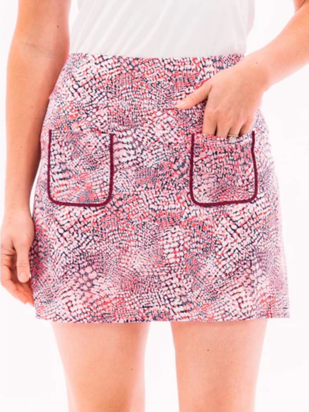 Textured Pink Printed Mini Skirt with Front Patch Pockets